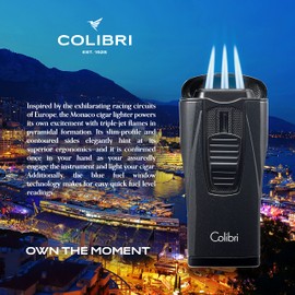Colibri Monaco Triple Jet Flame Lighter - Windproof & Refillable, Cigar Enthusiast's Choice with Blue Fuel Window and Adjustable Flame (Metallic Black)