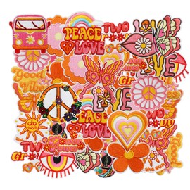 Pack of 20 Iron-On Patches, Boho Style Mix Embroidery Iron-On Patches for Clothes, Fabric Material, Approx. 3-5 cm, Iron-On Patch for Repair and Decoration, Multicoloured