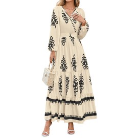 PRETTYGARDEN Women's 2025 Fall Wedding Guest Dresses Boho Floral Long Sleeve V Neck Flowy Elegant Maxi Dress Beach Clothes (Floral Apricot Black,X-Large)