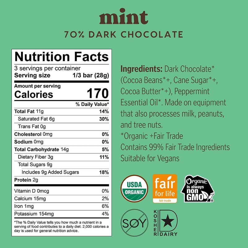 Theo Chocolate Mint Organic Dark Chocolate Bar, 70% Cacao, 12