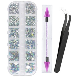 Canvalite 1500PCS Rhinestones Flat Back Gems, Nail Rhinestones Nail Art Gems with Pick Up Tweezers and Rhinestone Picker Dotting Pen, Nail Art Tools for Nails, Clothes, Face, Craft