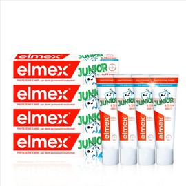 elmex Dentifricio Junior 6-12 Anni per Bambini 4x75ml | con Fluoruro Amminico | Protegge i Denti Dei Bimbi dalla Carie | Dentifricio Anticarie per Denti Permanenti | 0% Coloranti