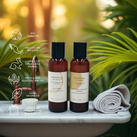 Remedios del Bosque Kit Esenciales de Viaje, Limpia, Hidrata y Humecta Cabello, Cara y Cuerpo, Tamaño para llevar en Avión, para toda la Familia.