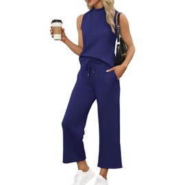 SAMPEEL SAMPEEL Lounge Sets for Women 2 Piece 2024 Summer Casual Travel Ladies Loungewear Set Business Casual Outfits Work Mock Neck Tops Sweat Set Royal Blue M