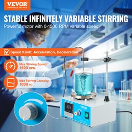 VEVOR Magnetic Stirrer Hot Plate, 1500RPM 250W Heating Power Stir Plate, 1000mL Stirrer Kit with Adjustable Speed Knob, Support Stand, and Stir Bars, Max 211.8℉/99.9°C, LED Display Screen, White