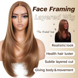 BrownBomb Wear and Go Glueless Wigs Pre Plucked Pre Cut for Beginners Honey Blonde Synthetic Lace Front Wigs For Woman Long layered straight Wigs with bangs 427 middle part wig 26 Inch