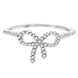 SKYFUN White Pavé Bow Ring S925 Sterling Silver Cubic Zirconia Bow Rings for Women Ribbon Bowknot Statement Birthday Holiday Valentine's Day Jewelry Gift, White Silver Size 6