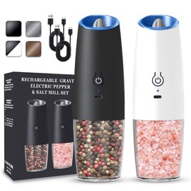 UNNEES Rechargeable Electric Salt and Pepper Grinder set of 2, gravity electric salt and pepper grinder set, Adjustable Roughness, LED Light, 2 Pack, (Black&White)