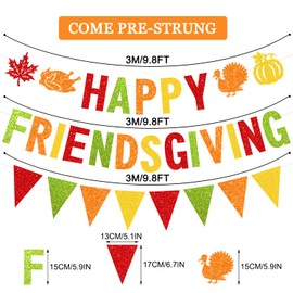JKQ Glitter Happy Friendsgiving Banner and Glitter Pennant Banner Thanksgiving Fall Garland Banner Friendsgiving Party Decorations for Thanksgiving Turkey Day Fall Home Party Supplies
