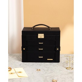 Homde 2 IN 1 Jewelry Box for Women Girls with Small Travel Case Mirror Necklace Ring Earrings Organizer (Black + Gold)