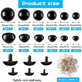 zurabini 90Pcs 12-30mm Safety Eyes and Safety Noses,Safety Noses Washers Stuffed, Animals Crochet Noses Black Plastic Craft Doll Noses for Teddy, Bear, Puppet, Plush Toy Accessor