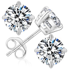 KRKC Moissanite Earrings for Women, S925 Silver Diamond Stud Earrings 3/4/6 Claw, 14K Gold/White Gold Plated VVS1 D Colour, 0.6/1/1.2/1.6/2/3 Carat Nickel Free Round Earrings, S925 silver