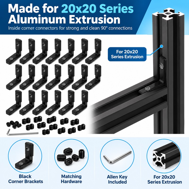 20-Pack 2020 L-Shaped Corner Brackets for Aluminum Extrusion – Black