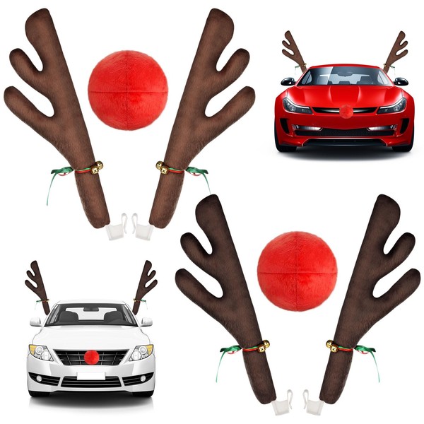 2 Pack Car Antlers for Christmas with Nose, Car Reindeer Antler Kit for Car Reindeer Window Roof-Top & Front Grille, Auto Holiday Decoration Truck Reindeer for Car SUV Van Truck by Hydencamm