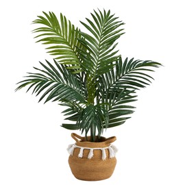 Nearly Natural 4ft. Kentia Palm Artificial Tree in Boho Chic Handmade Natural Cotton Woven Planter with Tassels