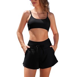 SHEKINI Two Piece Swim Suits for Women Bikini Set with 2 Pockets High Waisted Drawstring Swim Shorts Push Up Bandeau Adjustable Tummy Control Vintage Beach Swimwear, Black, L