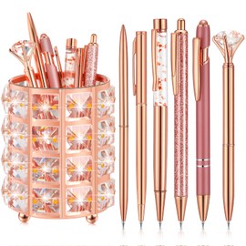 Ballpoint Pen Holder with 6 Glitter Bling Pen Rose Gold Diamond Pencil Holder Jeweled Gold Makeup Brush Holder Organizer for Women Girl Office School Desk Supplies Accessories (Rose Gold)