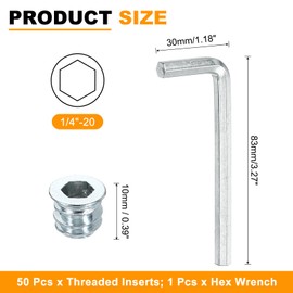 sourcing map 50 Pcs Threaded Insert for Wood, 1/4" - 20 Carbon Steel Threaded Studs Hex Socket Drive Nut Inserts Screw in Nut Fastener Connector with Hex Wrench 10mm Length for Home, Silver