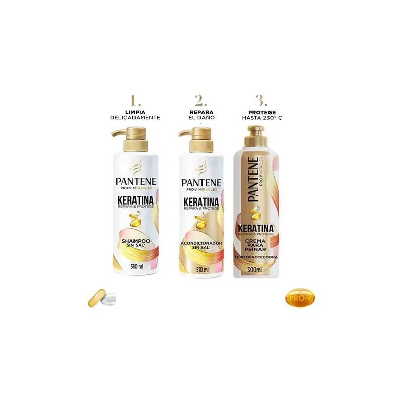 Rutina Pantene Keratina Sal Shampoo Acondicionar Crema