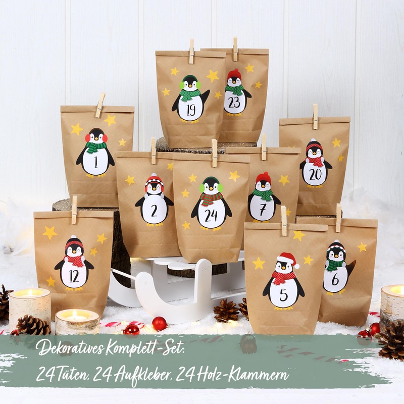 Papierdrachen DIY Adventskalender Kraftpapier Set - Pinguine zum Aufkleben -