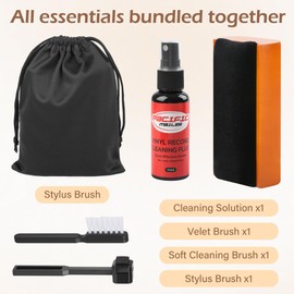 5 in 1 Vinyl Record Cleaning Solution Kit, Includes Soft Velvet Record Brush, Vinyl Cleaning Liquid, Stylus Cleaner & Brush and Carry Pouch