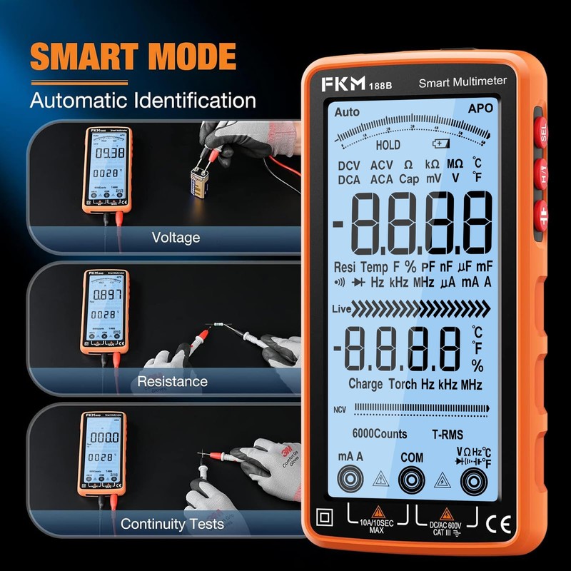 FKM Digital Multimeter Tester Auto-Ranging TRMS 6000 Counts Smart Rechargeable