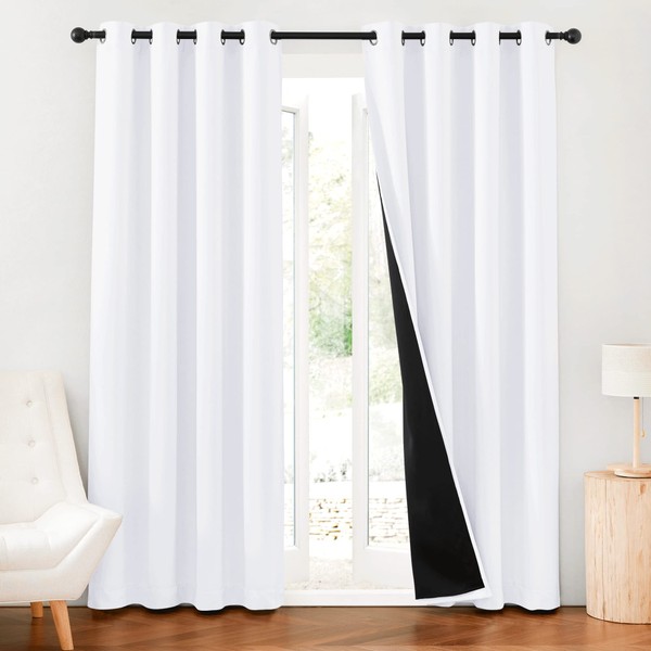 RYB HOME 100% Blackout Curtains 2 Panels, 2-Layer Window Curtains & Drapes for Bedroom, Pure White, W52 x L84 inch