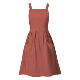 Pinknoke Cotton Linen Pinafore Apron Dress for Women with Pockets Cute Art Chef Aprons for Kitchen Baking Gardening Painting (Burnt orange)