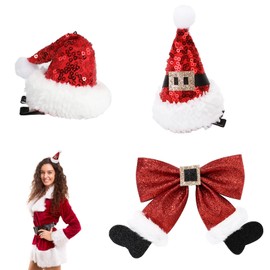 3PCS Glitter Christmas Hair Clips, Sequins Big Christmas Hair Bows Santa Hat Hair Clip, Sparkly Red Bow Hair Clip Christmas Clips Christmas Hair Accessories for Women Girls Christmas Party Favors