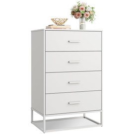 WLIVE White Wood Dresser for Bedroom with 4 Drawers, Tall Chest of Drawers with Sturdy Metal Frame for Living Room, Hallway, Closet