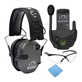 Walker’s Razor Slim Electronic Muff (Carbon) with Walker's Tactical/Hunting Walkie Talkie, Sport Shooting Glasses and Microfiber Cleaning Cloth Bundle (4 Items)