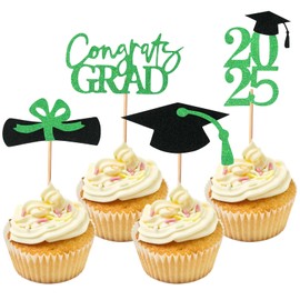 Graduation Cupcake Toppers Glitter Class 2025 Themed Party Decorations Graduation Cupcake Toppers Supplies Green 24 Pack