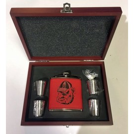 Georgia Bulldogs 2022 SEC Champions red 6 oz flask in rosewood presentation box with 4 shot glasses and a funnel