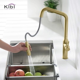 KIBI Macon Single Handle Pull Down Faucet for Kitchen Sink | Solid Brass High Arc Faucet Spout | 360 Degree Swivel Kitchen Faucet with Pull Down Sprayer (Brushed Gold) (KKF2007)