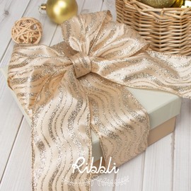 Ribbli Gold Glitter Christmas Ribbon - Wired, for Tree, Crafts, Gift Wrapping - 2.5 Inch x 6 Rolls, 36 Yards Total