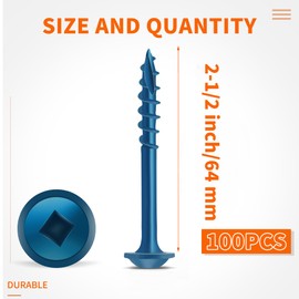 100 PCS #8 x 2-1/2" Blue Coated, Hardened Steel Pocket Hole Screws, No.8 x 2.5 Inch Square Drive Washer Head Wood Screw, 2 Inch & 6 Inch Bit Included, Partially Threaded Self Tapping by TPOHH