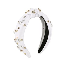 Yonchic Love Heart Pearl Crystal Headbands for Women, Jeweled Top Knotted Fashion Headband Rhinestone Hair Bands Cute Valentine’s Day Hair Accessories (White)
