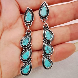 Tassel Turquoise Leaf Dangle Earrings for Women Girls Silver Plated Oxidizing Boho Statement Blue Birthstone Teardrop Charms Drop Dangling Stud Lightweight Bohemian Vintage Party Jewelry Gifts