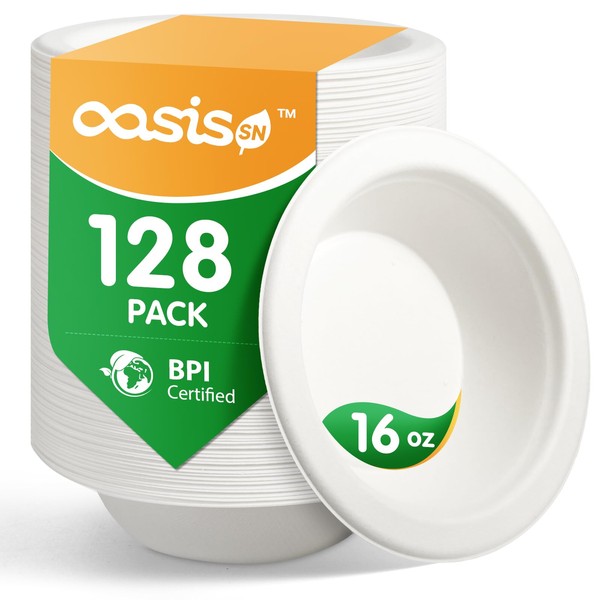 OasisSN [16 oz, 128-Pack Compostable Paper Bowls, Heavy-Duty Biodegradable Disposable