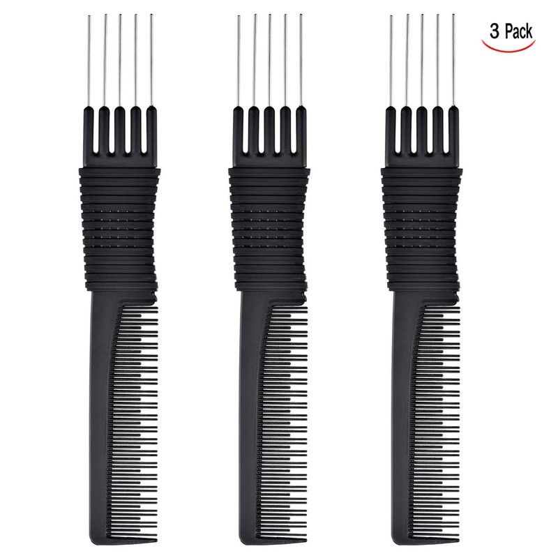 Iwobi 3 Pack Black Carbon Lift Tease Combs with Metal