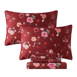 FADFAY Red Rose Sheets Set King Vintage Rose Floral Bedding Chic Rose Flower Bed Sheets Shabby Farmhouse Bedding 100% Percale Egyptian Cotton 800 Thread Count Deep Pocket Fitted Sheet 4Pcs, King Size
