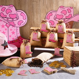Mooliwe 50 Pcs Burlap Drawstring Bags with Boot Shape Tags, Western Cowgirl Sacks Bulk Reusable Burlap Candy Pouch for Cowboy Baby Shower Wedding Bachelorette Party Favors Supplies(Pink)