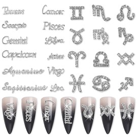 DANNEASY 24pcs Zodiac Nail Charms 3D Silver Zodiac Signs Nail Letters Flat-back Nail Rhinestones Diamond Charms for Nails Hollow Nail Studs Alloy Nail Jewels Nail Art Decoration