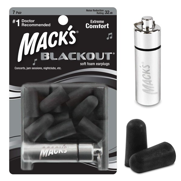 Mack's Blackout Soft Foam Earplugs, 7 Pair with Travel Case - 32 dB Highest NRR, Comfortable Ear Plugs for Concerts, Jam Sessions, Nightclubs, Loud Events and Shooting Sports
