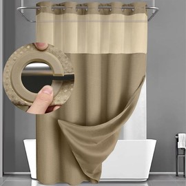 No Hook Shower Curtain with Snap in Liner Set Less Time Beige Waffle Shower Curtain for Bathroom 75" L x 72" W - Color: brown, Size: 75"L x 72"W
