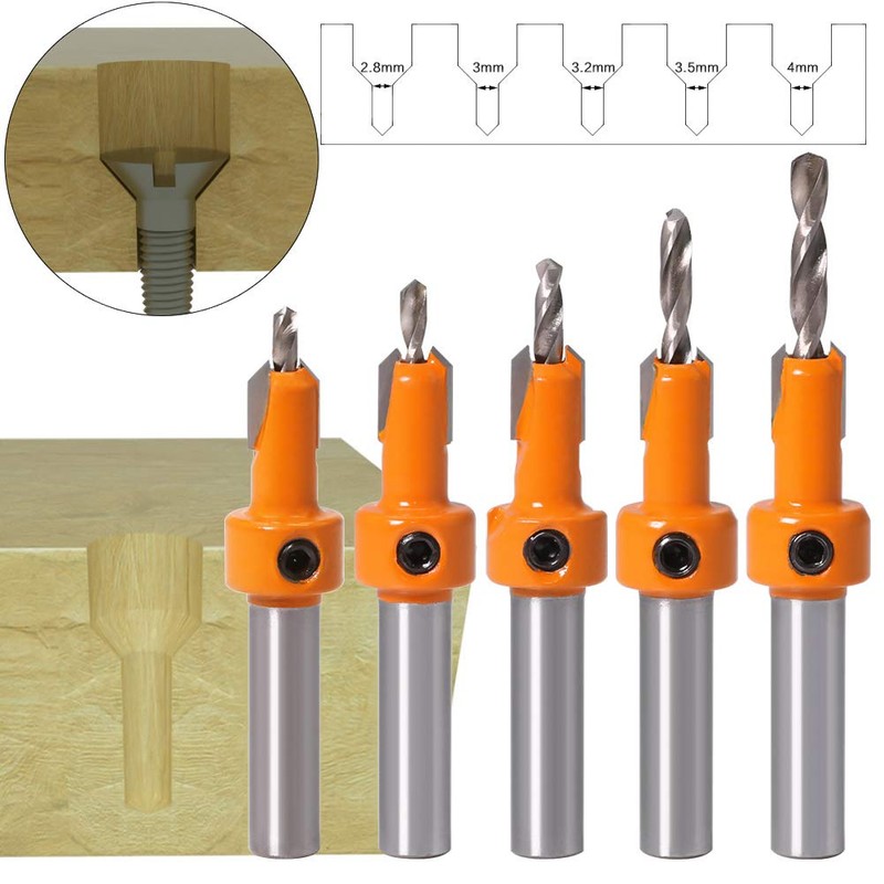 Heyu-Lotus 5 Pcs HSS Countersink Drill Bit Set, Woodworking Chamfer