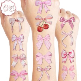 100 PCS Pink Bow Temporary Tattoos 1st 2nd Themed Birthday Party Decorations Decor Supplies Favors Funny Girl Coquette Knot Tattoo Stickers Gifts For Game Boys Girls Classroom School Prizes Christmas