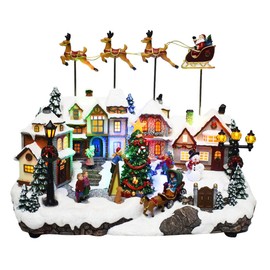 MOMENTS IN TIME 10.5”H Polyresin Christmas Village with Music and Animated Santa Sleigh (Adaptor Included)