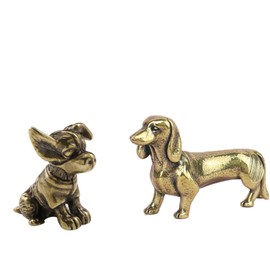 MHYGKTXRA 2pcs Golden Dog Figurines: Vintage Brass Statues Decorative Brass Animal Ornament DIY Craft Small Metal Dog Desktop Ornament for Rustic Office Home Decor Wall Art Gift