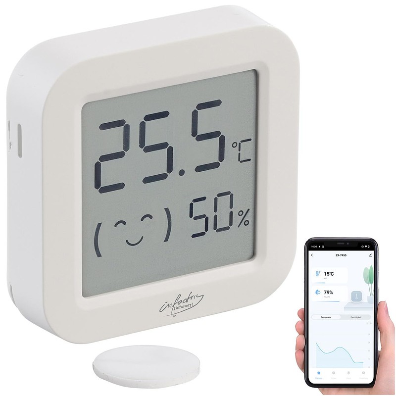 infactory Luftfeuchtigkeitsmesser: 6er-Set Mini-Thermo-/Hygrometer, Komfort-Anzeige, LCD, Bluetooth, App (Innenraum Thermometer,